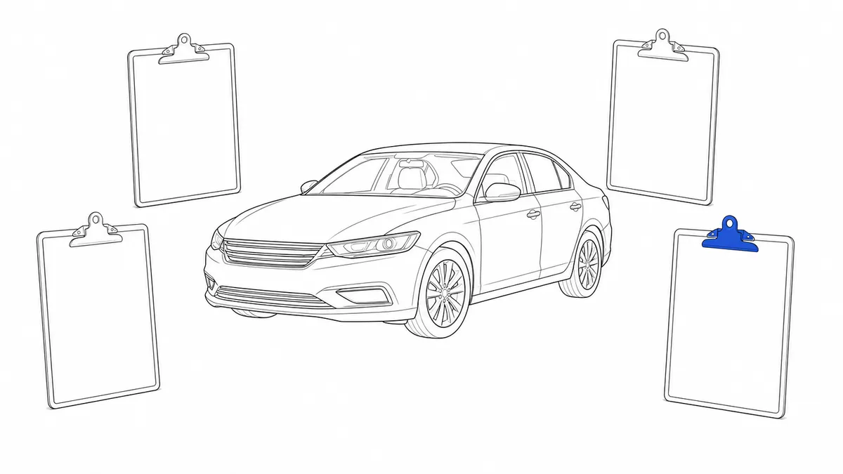 1台の車を囲む4枚の白紙のクリップボードの線画イラスト