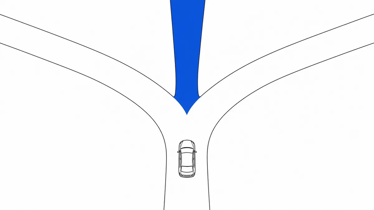 三つに分かれる道と、分岐点の手前に停まる1台の車を俯瞰した線画イラスト